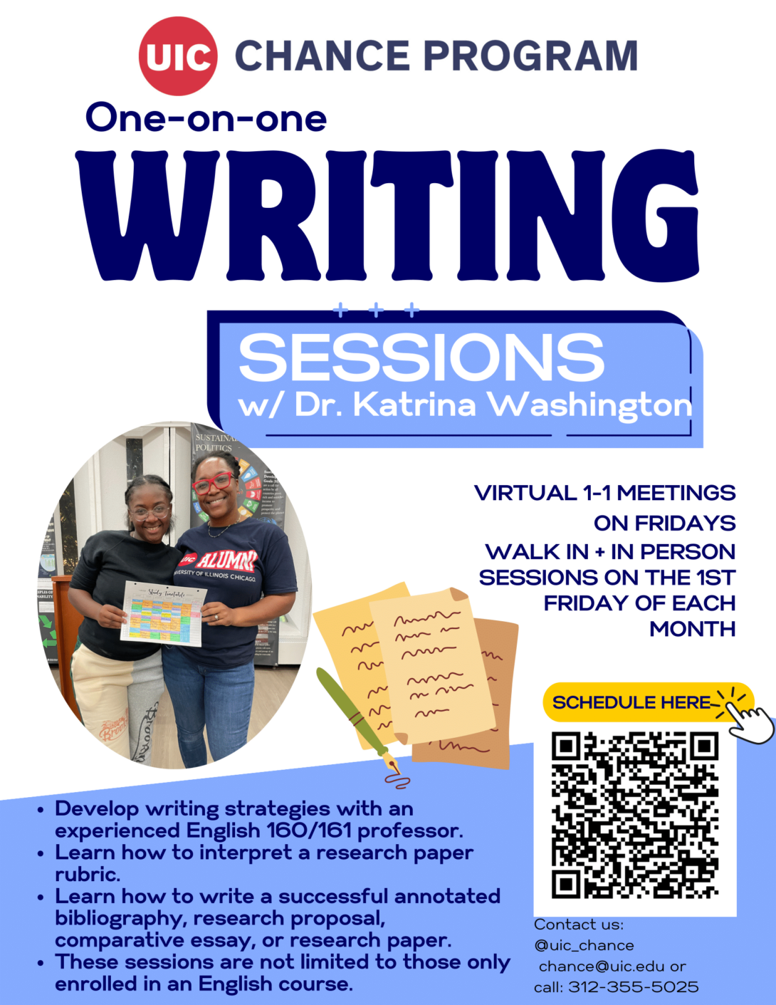 Writing Sessions flyer, featuring a photo of Dr. Washington posing with a CHANCE student.