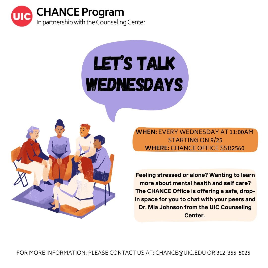 Let's Talk Wednesdays flyer featuring a group of people sitting in a circle.