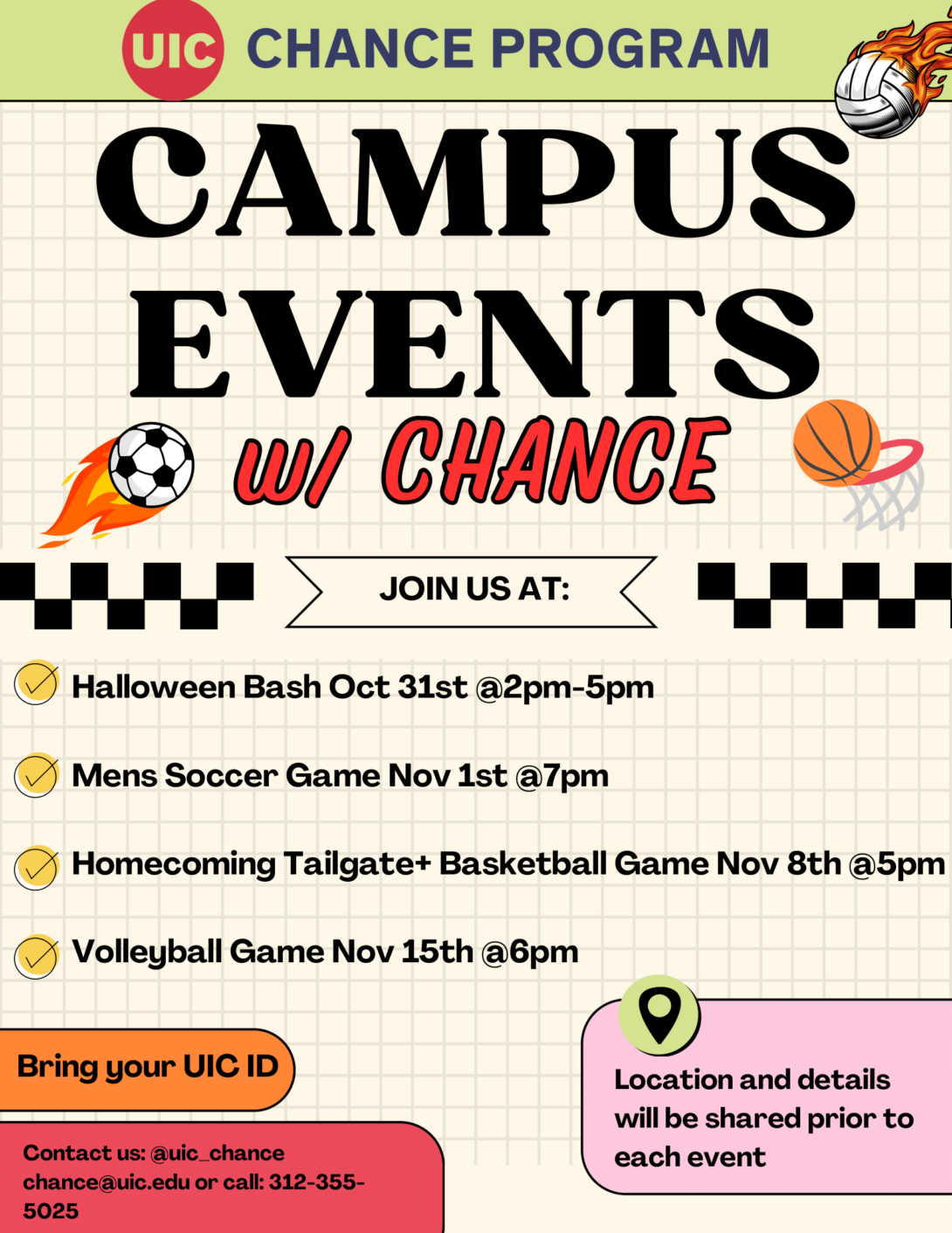 Campus Events with CHANCE Flyer featuring a soccer ball, volleyball, and basketball.