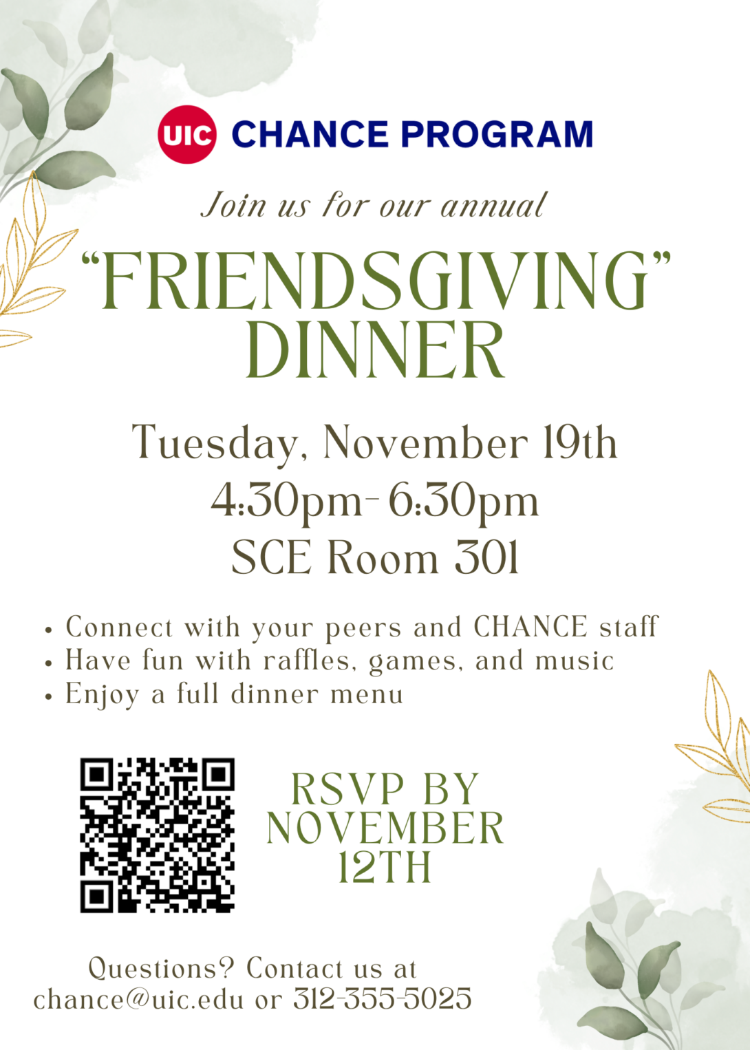 Friendsgiving Dinner flyer featuring green and gold leaves.