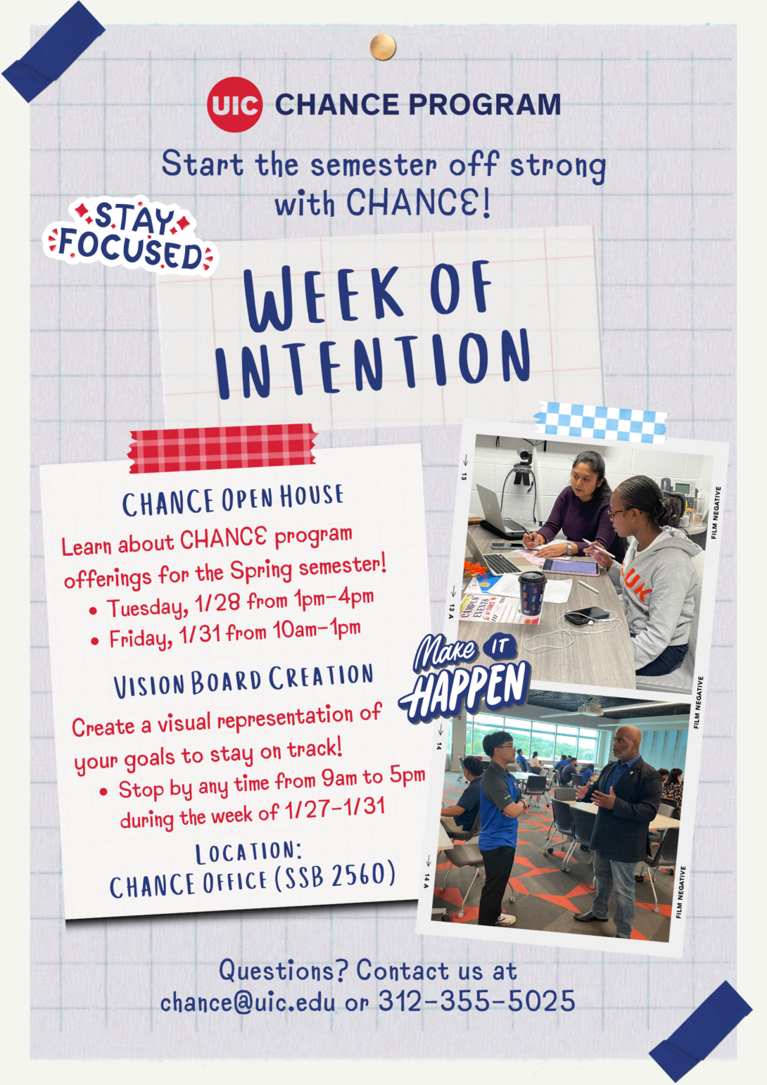 Week of Intention flyer featuring a photo of a student working with a tutor and another student speaking with an adult.